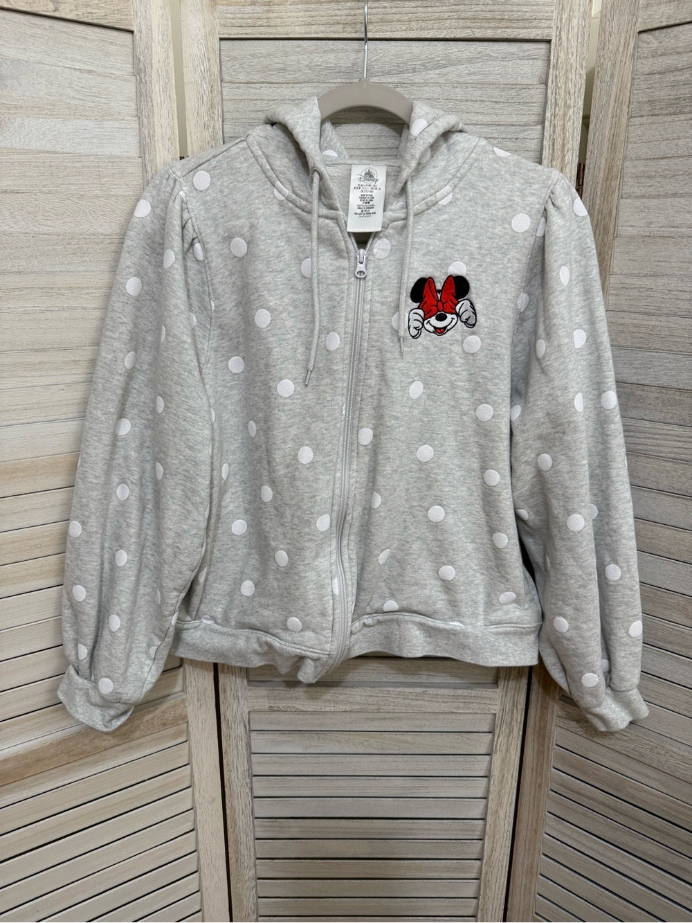 Women’s Gray Polka Dot Zip Hoodie with Peekaboo Minnie Mouse Character Patch